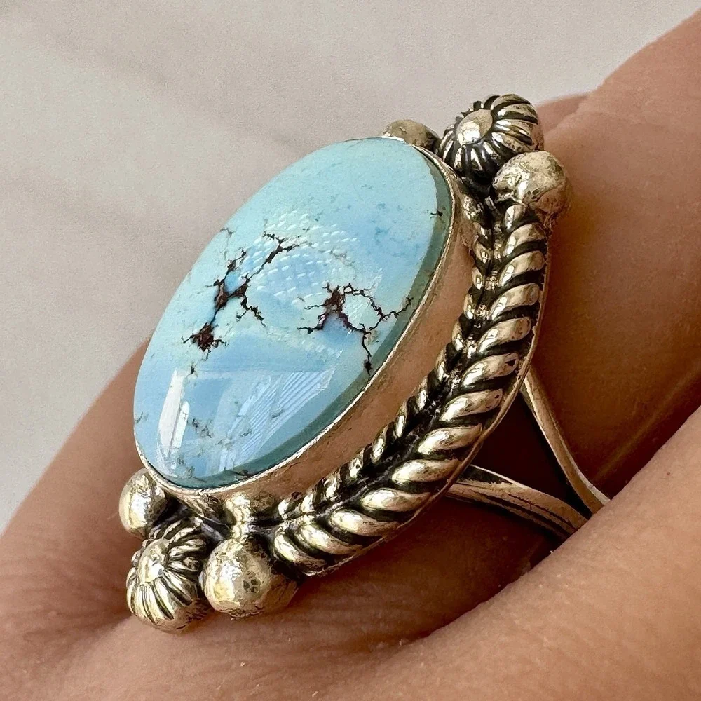Navajo Blue Golden Hils Turquoise Ring Size 9 Signed Shakey Sterling Native Amer